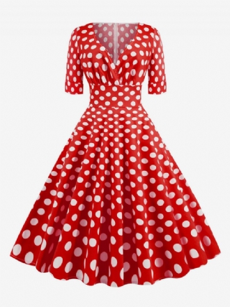 Robe Vintage Pour Femmes Des Années 1950 Audrey Hepburn Style Rouge À Pois Manches Courtes Col V Trapèze