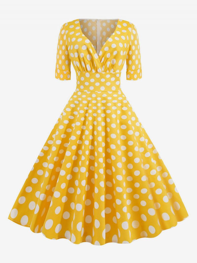 Robe Vintage Pour Femmes Des Années 1950 Audrey Hepburn Style Rouge À Pois Manches Courtes Col V Trapèze - Jaune