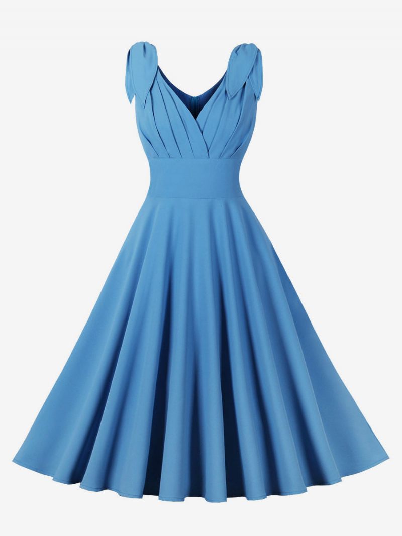 Robe Vintage Pour Femmes Des Années 1950 Audrey Hepburn Style Trapèze Bleue Sans Manches À Col V - Bleu Ciel Clair