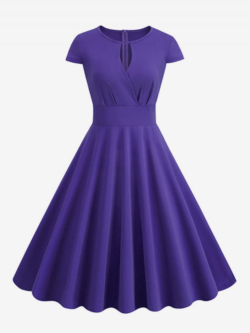 Robe Vintage Pour Femmes Des Années 1950 Style Audrey Hepburn Col Bijou Découpé Manches Courtes Trapèze Moyenne - Violet