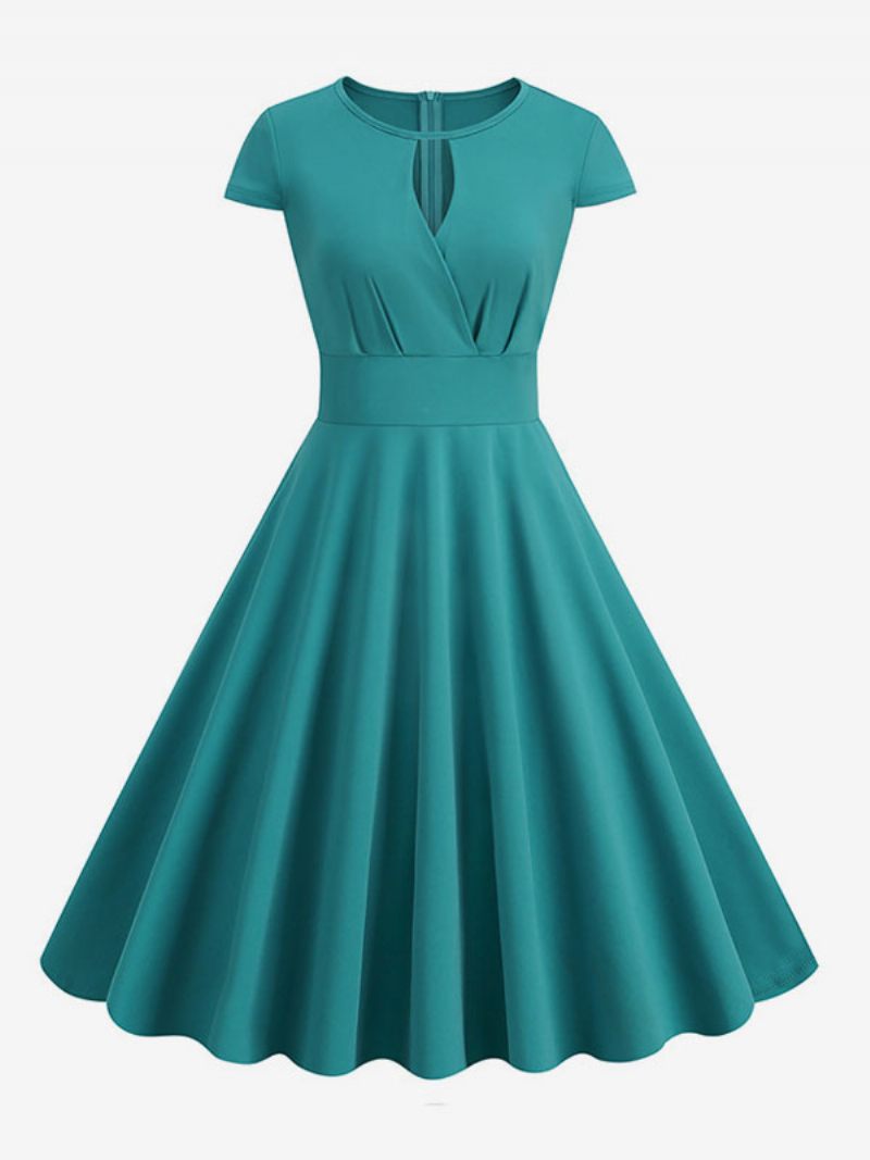 Robe Vintage Pour Femmes Des Années 1950 Style Audrey Hepburn Col Bijou Découpé Manches Courtes Trapèze Moyenne - Vert Clair