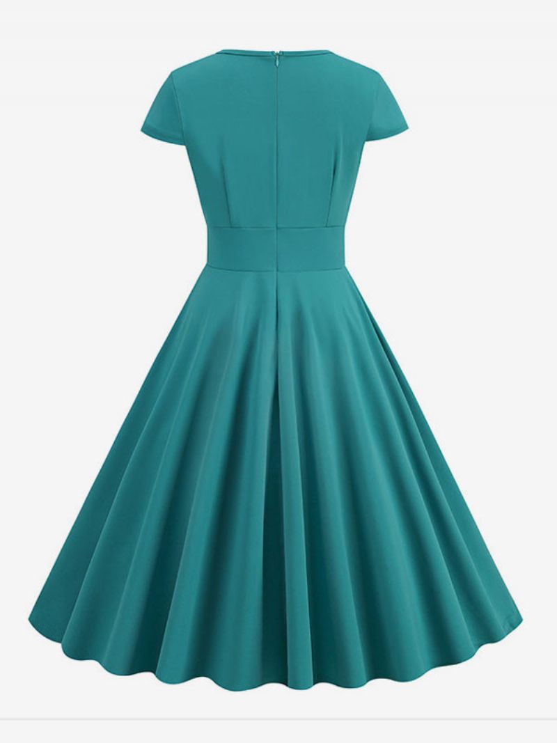 Robe Vintage Pour Femmes Des Années 1950 Style Audrey Hepburn Col Bijou Découpé Manches Courtes Trapèze Moyenne - Vert Clair