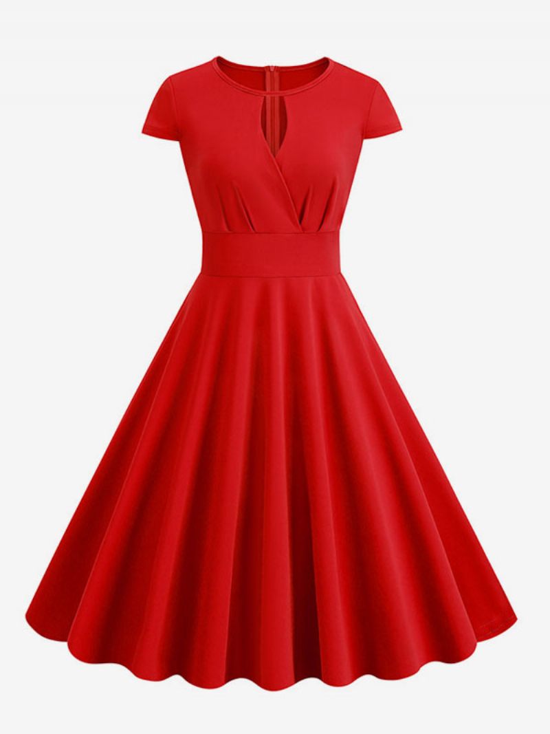 Robe Vintage Pour Femmes Des Années 1950 Style Audrey Hepburn Col Bijou Découpé Manches Courtes Trapèze Moyenne - Rouge