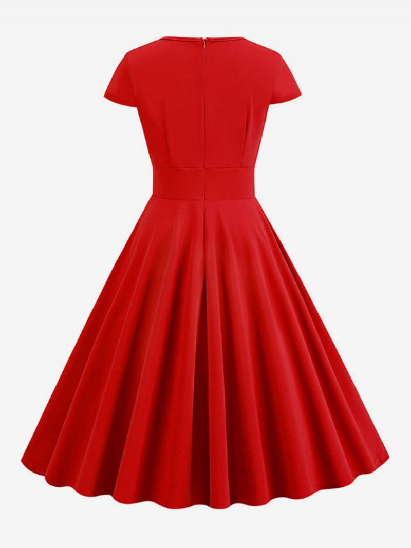 Robe Vintage Pour Femmes Des Années 1950 Style Audrey Hepburn Col Bijou Découpé Manches Courtes Trapèze Moyenne - Rouge