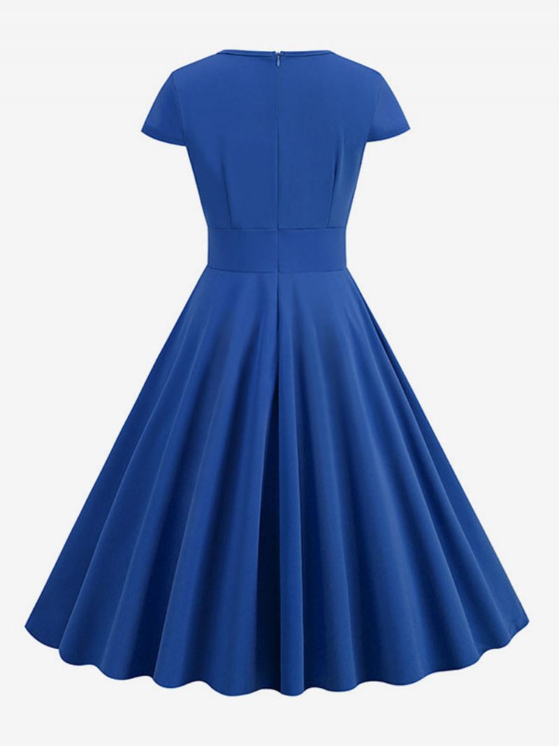 Robe Vintage Pour Femmes Des Années 1950 Style Audrey Hepburn Col Bijou Découpé Manches Courtes Trapèze Moyenne - Bleu