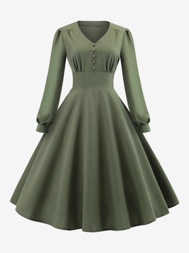 Robe Vintage Pour Femmes Des Années 1950 Style Audrey Hepburn Col V Couches Manches Longues Trapèze Moyenne