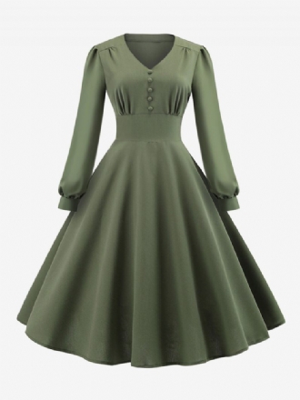 Robe Vintage Pour Femmes Des Années 1950 Style Audrey Hepburn Col V Couches Manches Longues Trapèze Moyenne