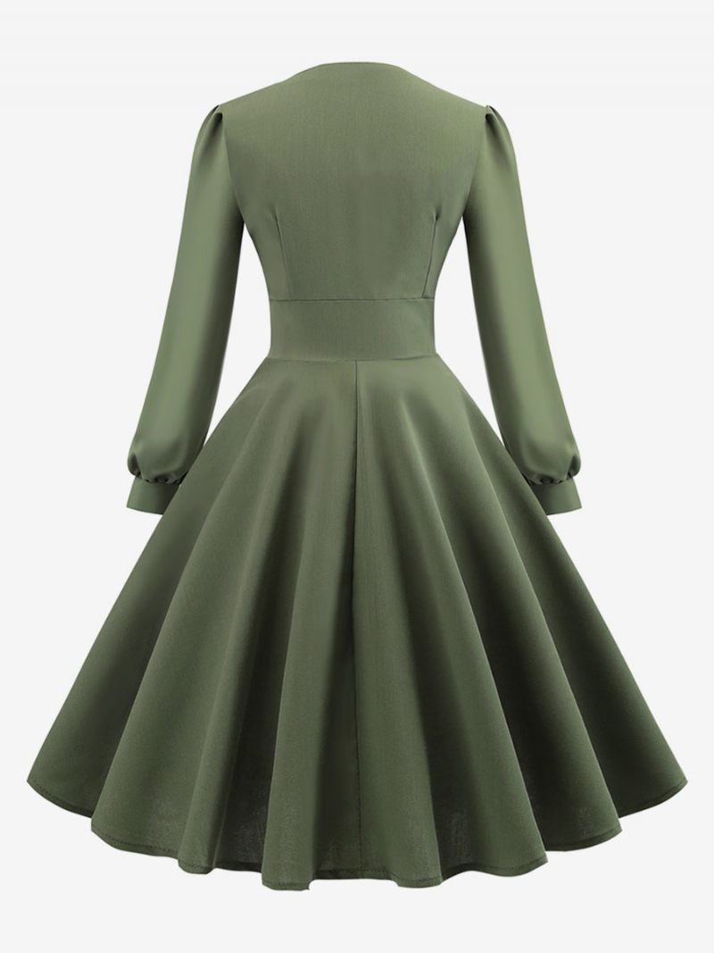 Robe Vintage Pour Femmes Des Années 1950 Style Audrey Hepburn Col V Couches Manches Longues Trapèze Moyenne - Vert Chasseur