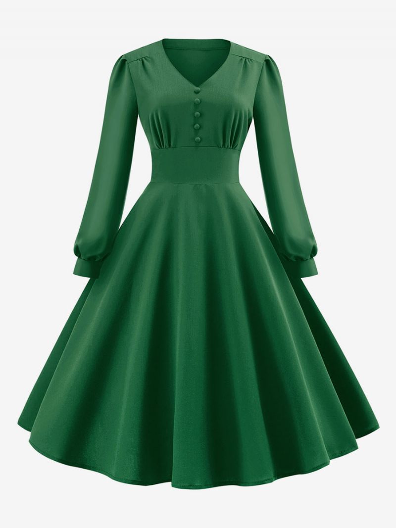 Robe Vintage Pour Femmes Des Années 1950 Style Audrey Hepburn Col V Couches Manches Longues Trapèze Moyenne - Vert Foncé