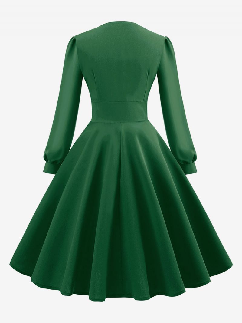 Robe Vintage Pour Femmes Des Années 1950 Style Audrey Hepburn Col V Couches Manches Longues Trapèze Moyenne - Vert Foncé