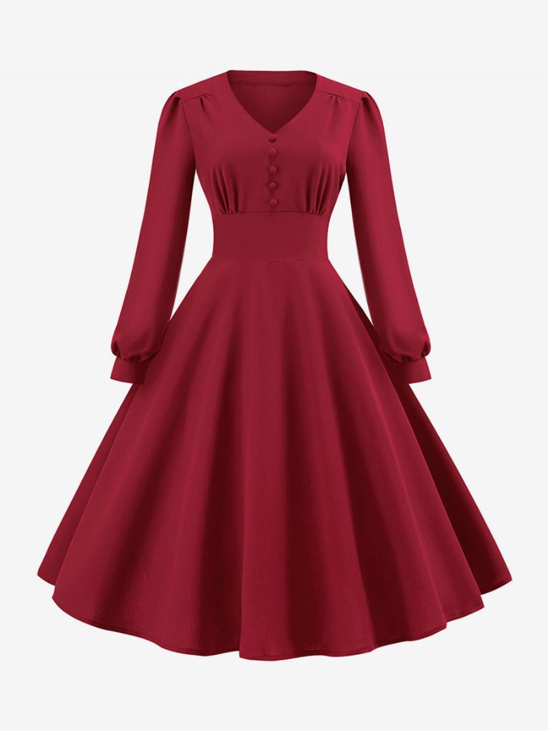 Robe Vintage Pour Femmes Des Années 1950 Style Audrey Hepburn Col V Couches Manches Longues Trapèze Moyenne - Rouge