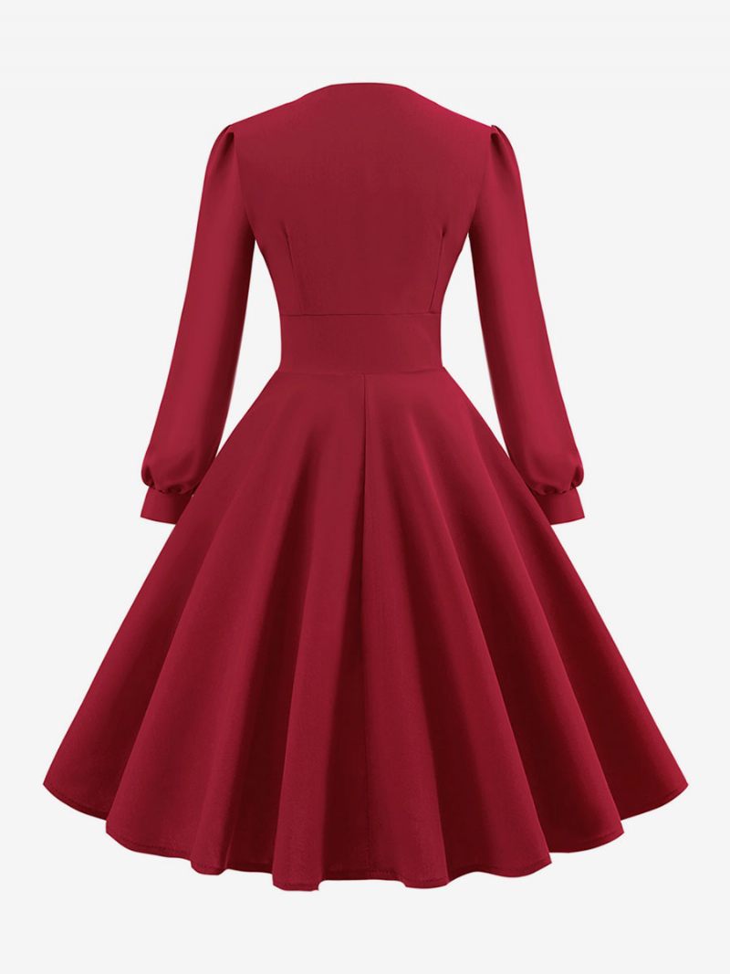 Robe Vintage Pour Femmes Des Années 1950 Style Audrey Hepburn Col V Couches Manches Longues Trapèze Moyenne - Rouge