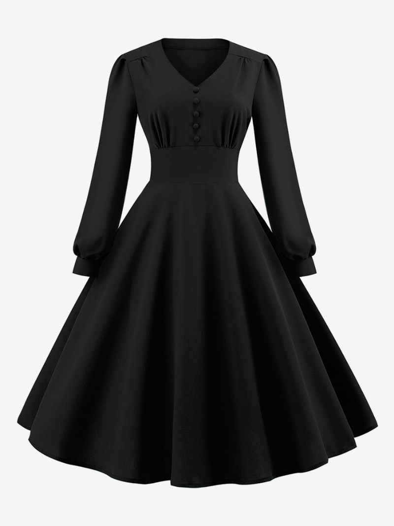 Robe Vintage Pour Femmes Des Années 1950 Style Audrey Hepburn Col V Couches Manches Longues Trapèze Moyenne - Noir