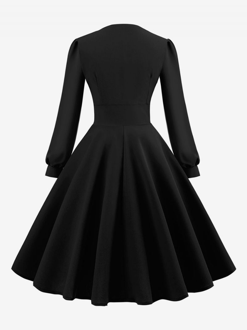 Robe Vintage Pour Femmes Des Années 1950 Style Audrey Hepburn Col V Couches Manches Longues Trapèze Moyenne - Noir