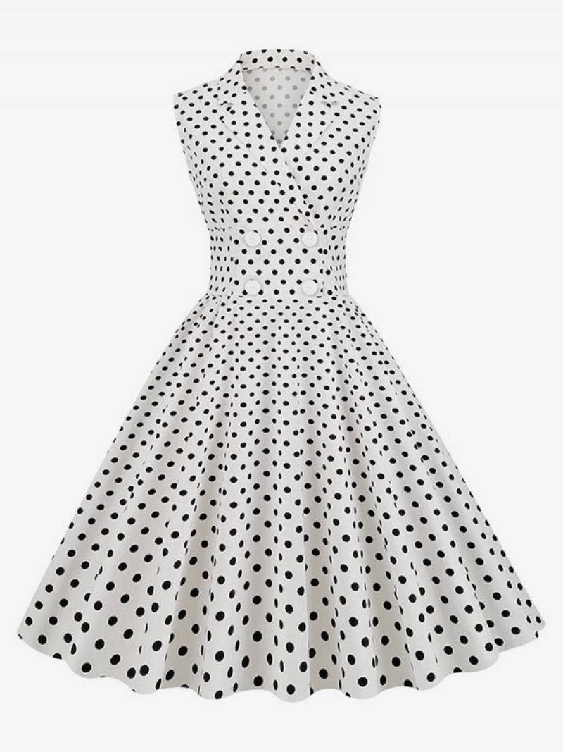 Robe Vintage Pour Femmes Des Années 1950. Style Audrey Hepburn Col V Sans Manches À Pois Trapèze