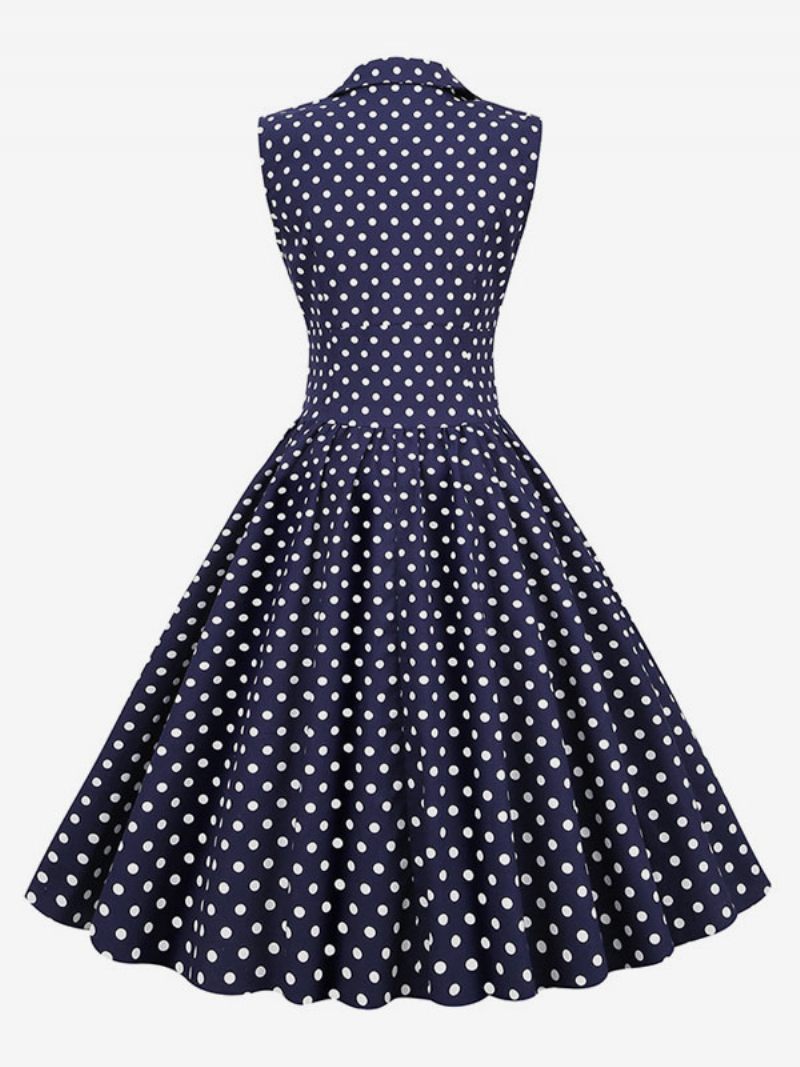 Robe Vintage Pour Femmes Des Années 1950. Style Audrey Hepburn Col V Sans Manches À Pois Trapèze - Marine Foncé