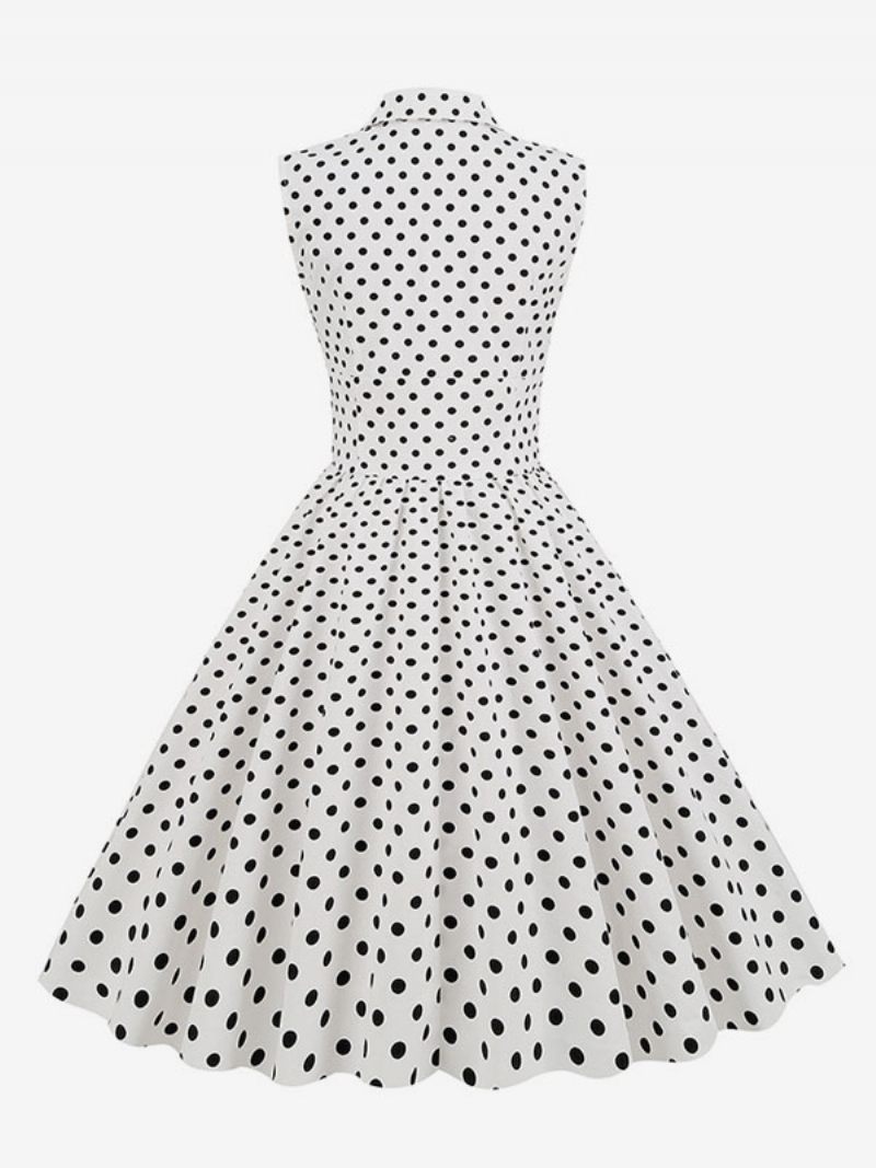 Robe Vintage Pour Femmes Des Années 1950. Style Audrey Hepburn Col V Sans Manches À Pois Trapèze - Blanc