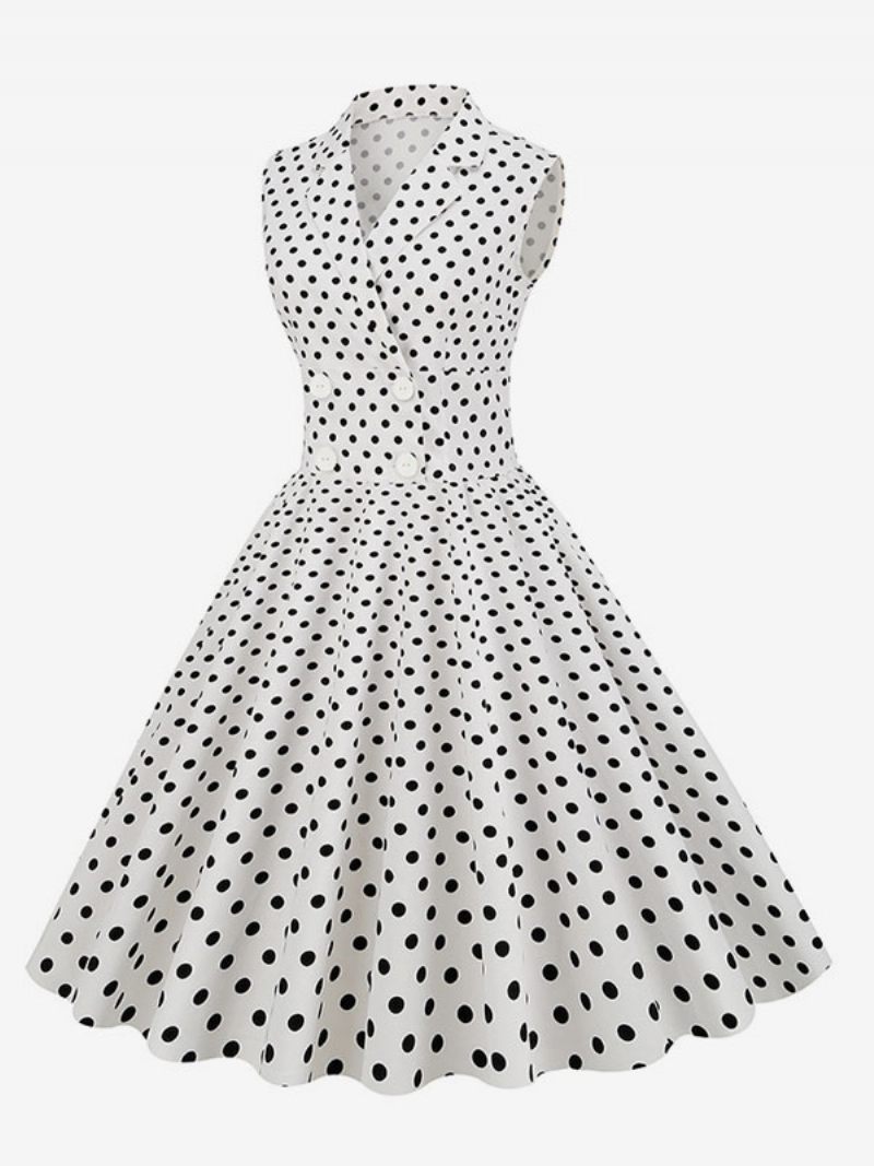 Robe Vintage Pour Femmes Des Années 1950. Style Audrey Hepburn Col V Sans Manches À Pois Trapèze - Blanc