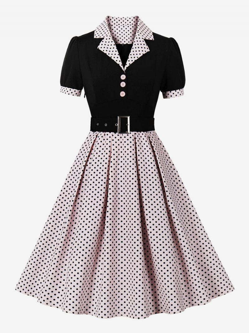 Robe Vintage Pour Femmes Rose À Pois Années 1950 Style Audrey Hepburn Ceinture Manches Courtes Col V Longueur Genou Trapèze