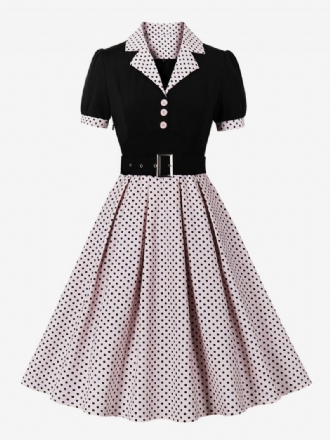 Robe Vintage Pour Femmes Rose À Pois Années 1950 Style Audrey Hepburn Ceinture Manches Courtes Col V Longueur Genou Trapèze