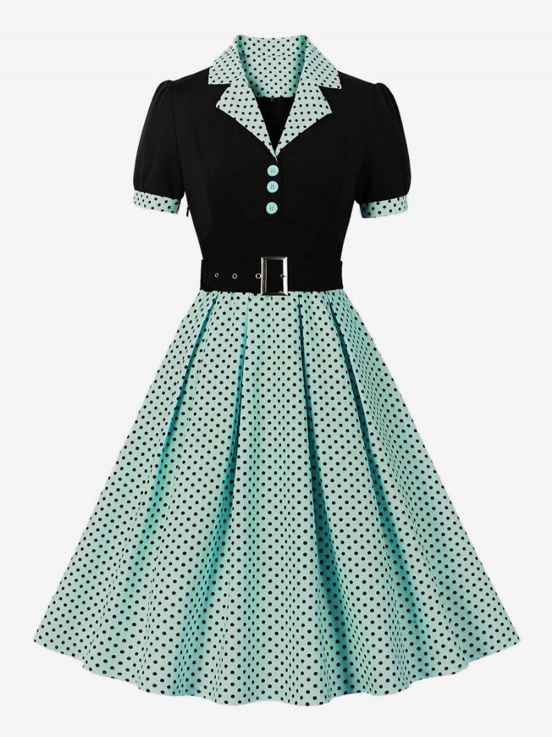 Robe Vintage Pour Femmes Rose À Pois Années 1950 Style Audrey Hepburn Ceinture Manches Courtes Col V Longueur Genou Trapèze - Vert Clair