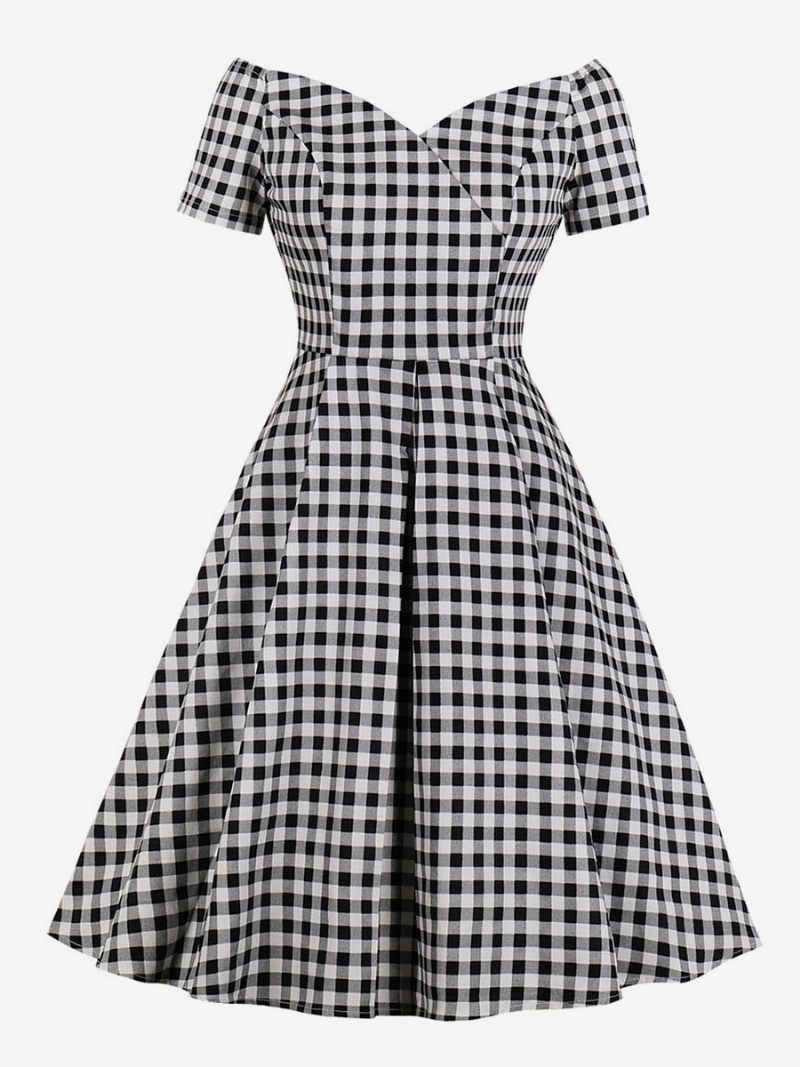 Robe Vintage Noire Pour Femmes Des Années 1950. Style Audrey Hepburn Manches Courtes Col V Robes Rétro À Carreaux