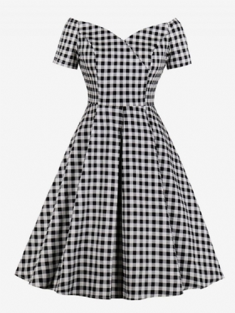 Robe Vintage Noire Pour Femmes Des Années 1950. Style Audrey Hepburn Manches Courtes Col V Robes Rétro À Carreaux