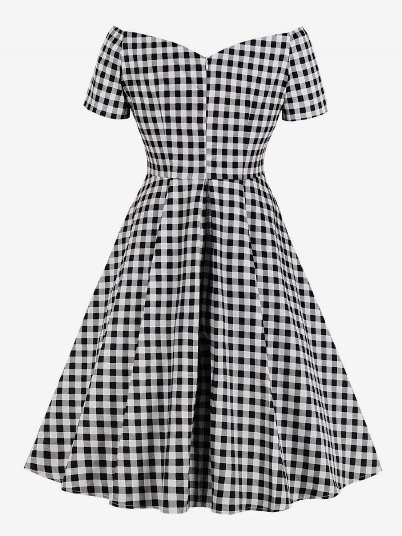 Robe Vintage Noire Pour Femmes Des Années 1950. Style Audrey Hepburn Manches Courtes Col V Robes Rétro À Carreaux - Noir