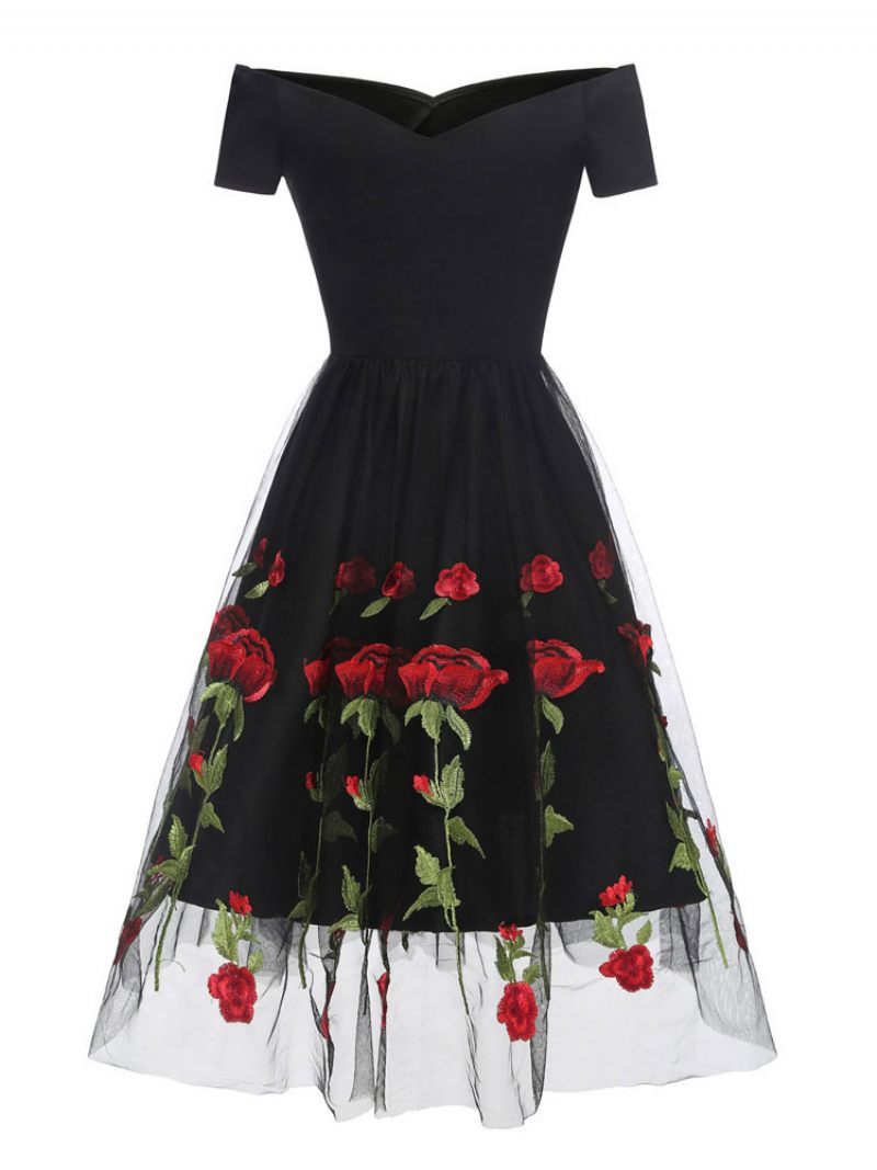 Robe Vintage Noire Tulle Brodée Fleurs Pour Femmes Des Années 1950. Style Audrey Hepburn Épaules Dénudées - Noir