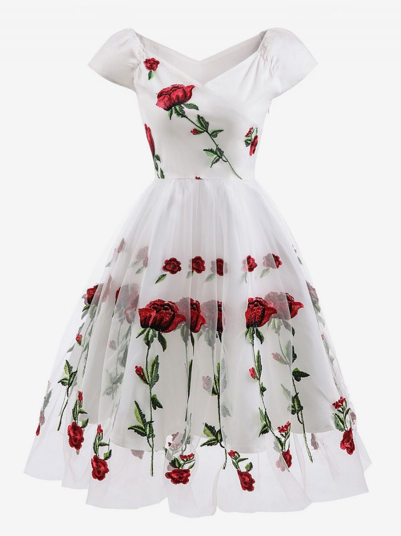 Robe Vintage Noire Tulle Brodée Fleurs Pour Femmes Des Années 1950. Style Audrey Hepburn Épaules Dénudées - Blanc