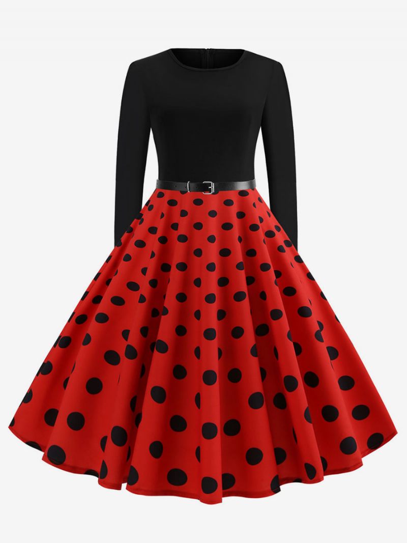 Robe Vintage À Pois Rouge Pour Femmes Des Années 1950. Manches Longues Col Rond Robes Rockabilly Rétro Swing