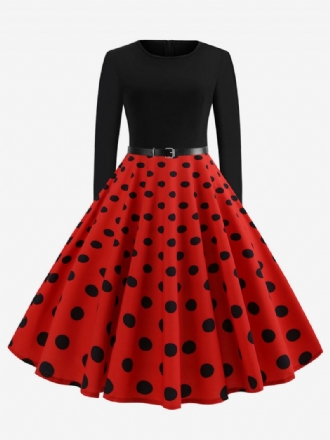 Robe Vintage À Pois Rouge Pour Femmes Des Années 1950. Manches Longues Col Rond Robes Rockabilly Rétro Swing