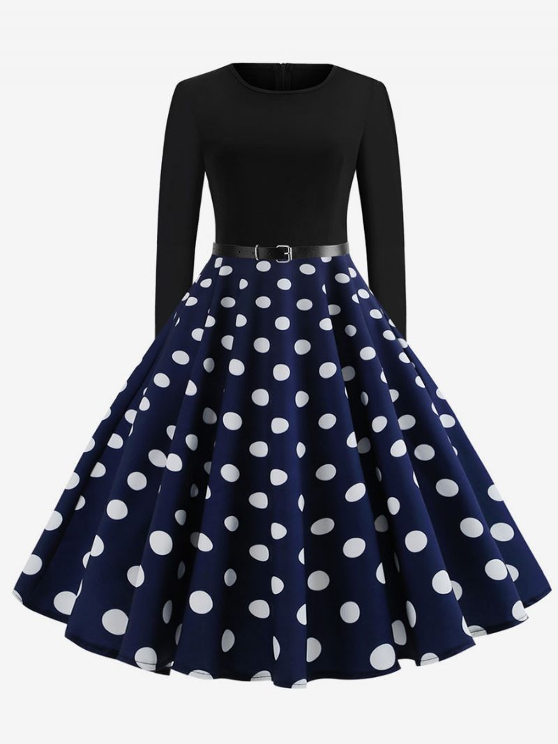 Robe Vintage À Pois Rouge Pour Femmes Des Années 1950. Manches Longues Col Rond Robes Rockabilly Rétro Swing - Bleu