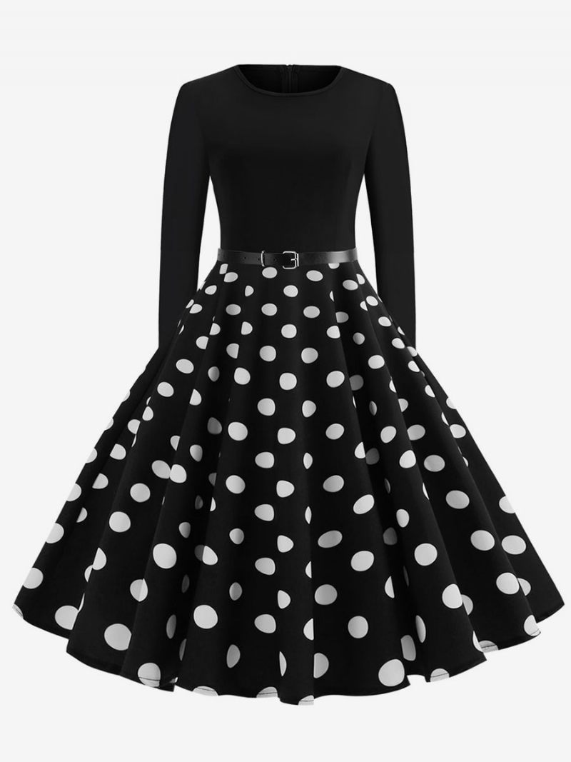 Robe Vintage À Pois Rouge Pour Femmes Des Années 1950. Manches Longues Col Rond Robes Rockabilly Rétro Swing - Noir