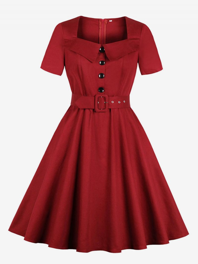 Robe Vintage Rouge Pour Femmes Des Années 1950 Style Audrey Hepburn Col Carré Manches Courtes Boutons Rétro