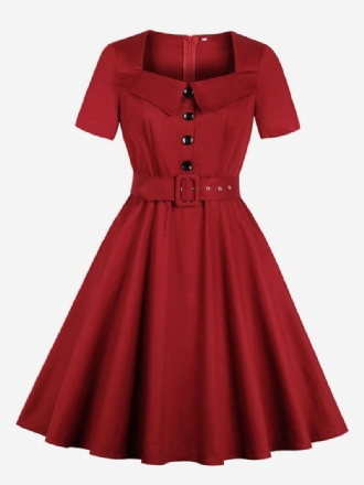 Robe Vintage Rouge Pour Femmes Des Années 1950 Style Audrey Hepburn Col Carré Manches Courtes Boutons Rétro