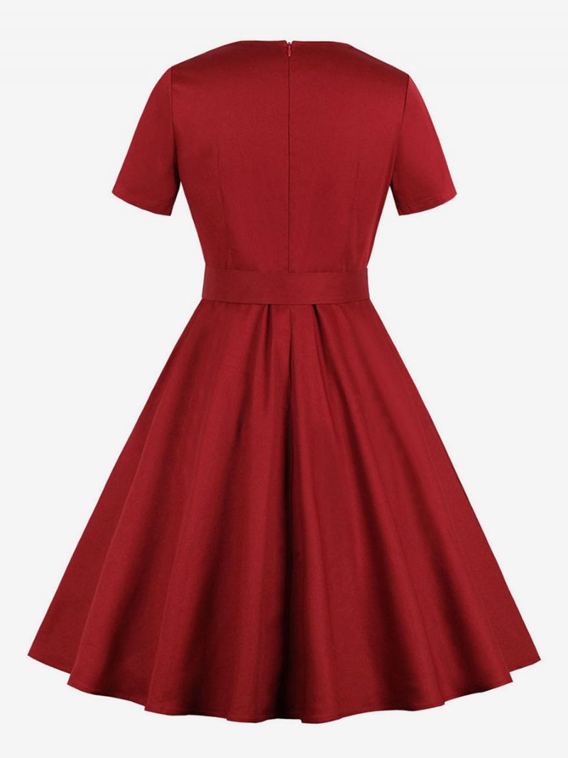 Robe Vintage Rouge Pour Femmes Des Années 1950 Style Audrey Hepburn Col Carré Manches Courtes Boutons Rétro - Rouge Foncé