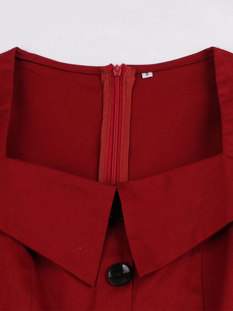 Robe Vintage Rouge Pour Femmes Des Années 1950 Style Audrey Hepburn Col Carré Manches Courtes Boutons Rétro - Rouge Foncé