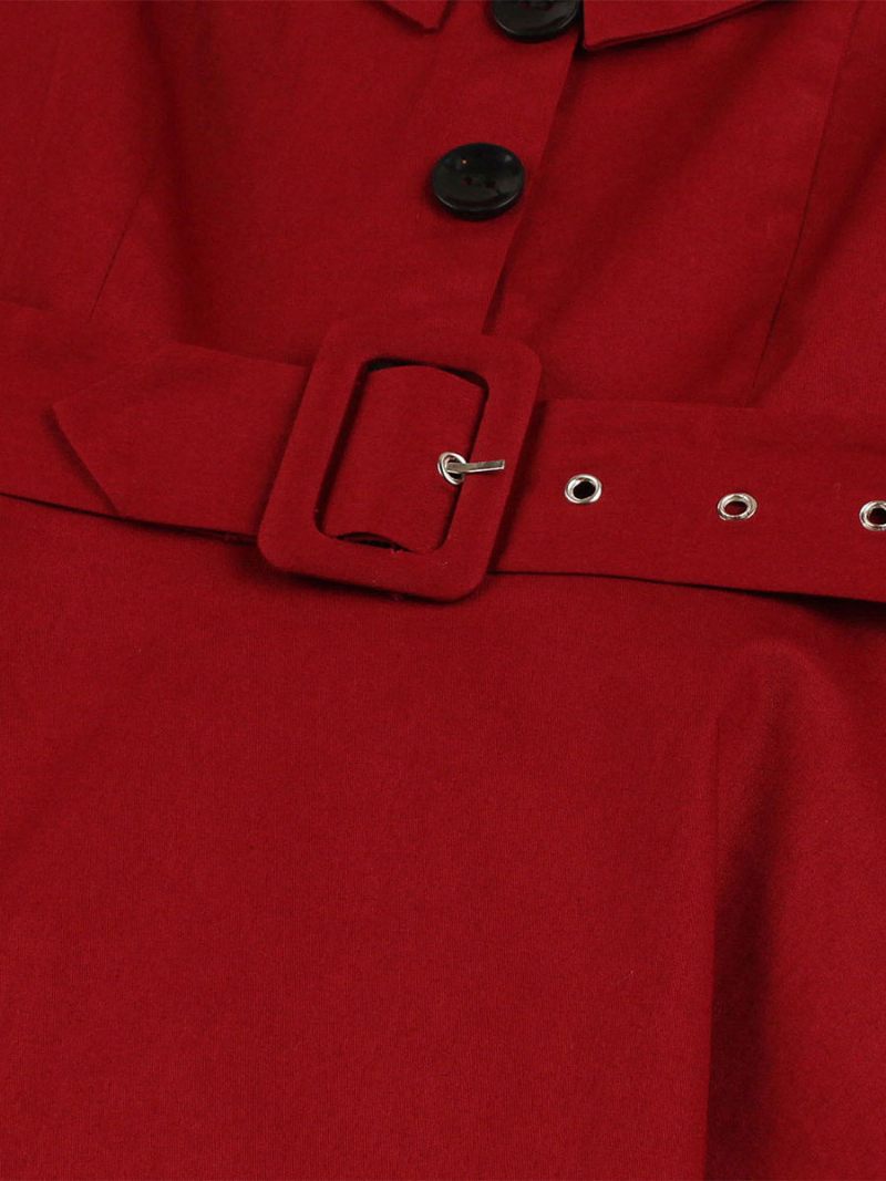 Robe Vintage Rouge Pour Femmes Des Années 1950 Style Audrey Hepburn Col Carré Manches Courtes Boutons Rétro - Rouge Foncé