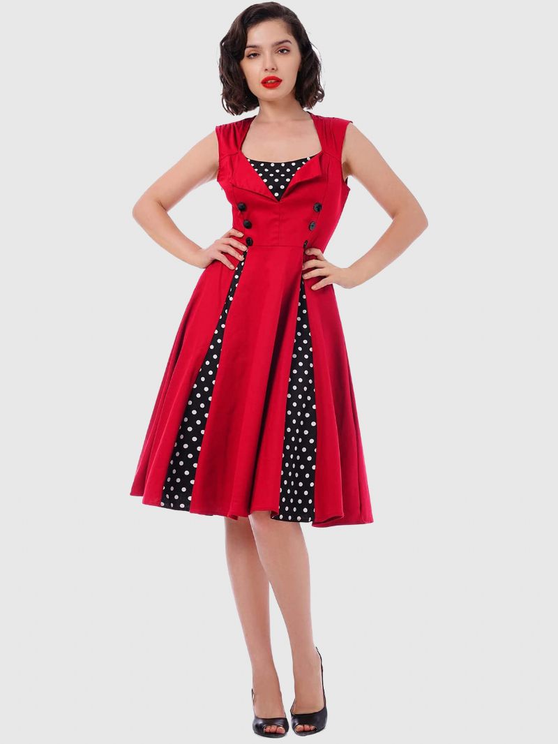 Robe Vintage Rouge À Pois Col Carré Sans Manches Coupe Cintrée Patineuse Circulaire Pour Femmes