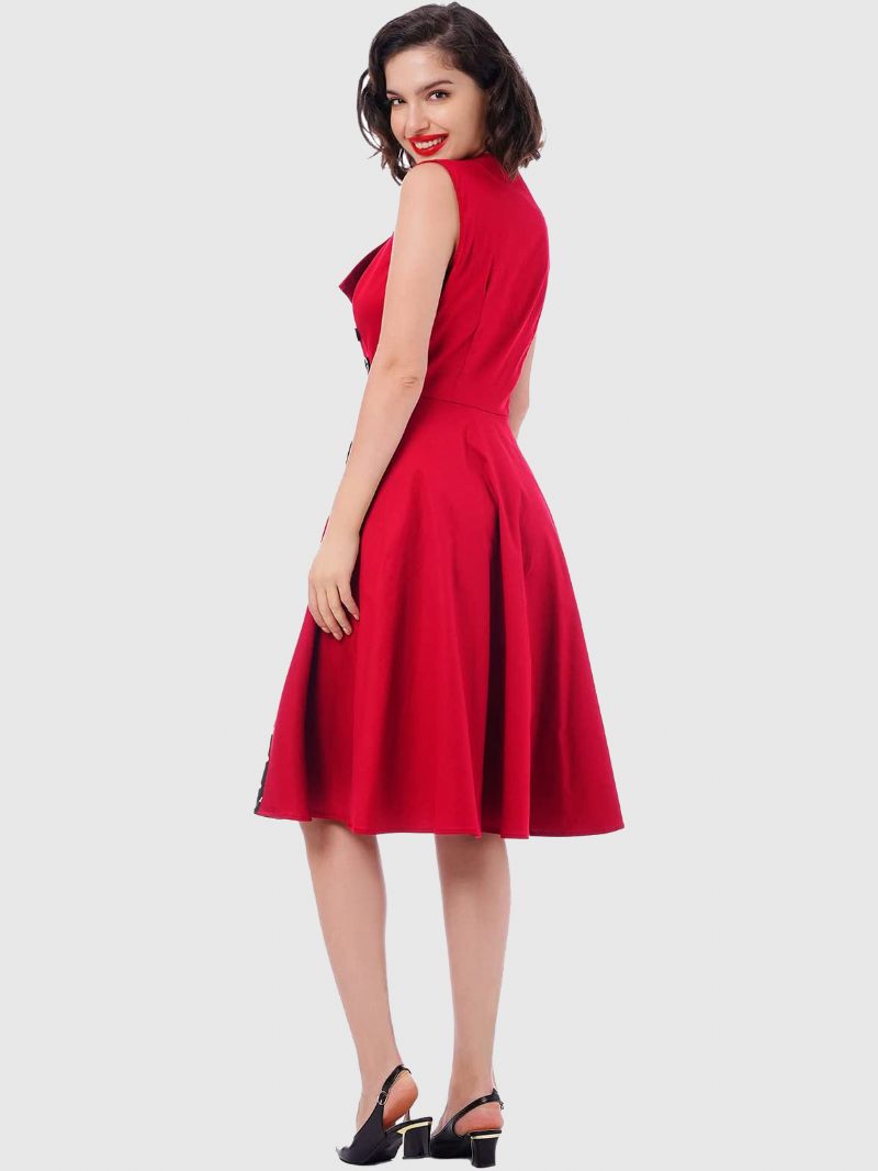 Robe Vintage Rouge À Pois Col Carré Sans Manches Coupe Cintrée Patineuse Circulaire Pour Femmes - Rouge