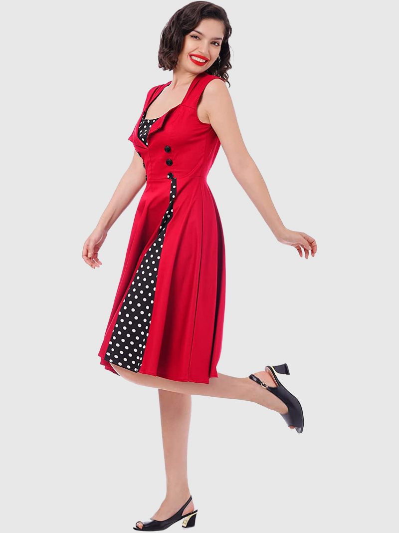 Robe Vintage Rouge À Pois Col Carré Sans Manches Coupe Cintrée Patineuse Circulaire Pour Femmes - Rouge