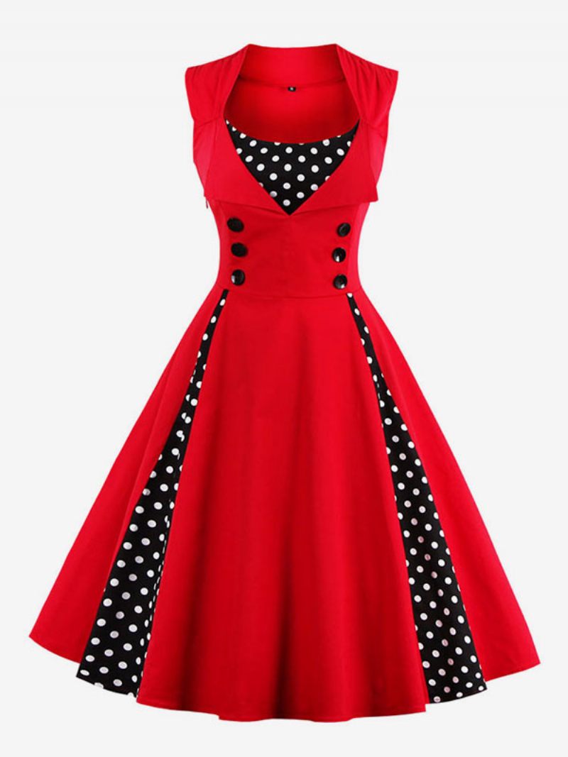 Robe Vintage Rouge À Pois Col Carré Sans Manches Coupe Cintrée Patineuse Circulaire Pour Femmes - Rouge