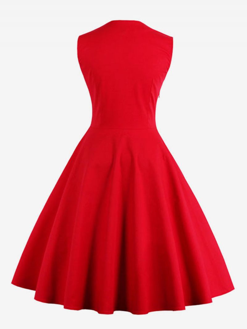 Robe Vintage Rouge À Pois Col Carré Sans Manches Coupe Cintrée Patineuse Circulaire Pour Femmes - Rouge