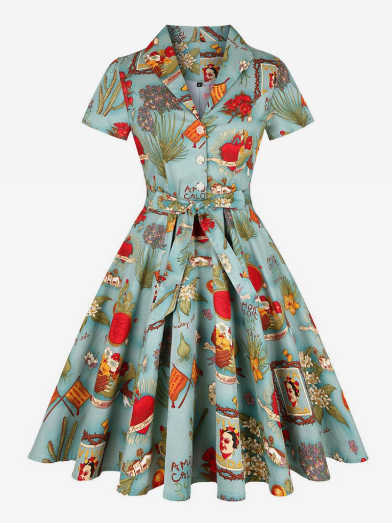 Robe Vintage Style Audrey Hepburn Des Années 1950 Pour Femme Col V Manches Courtes Longueur Aux Genoux Imprimé Floral Rockabilly - Vert Foncé