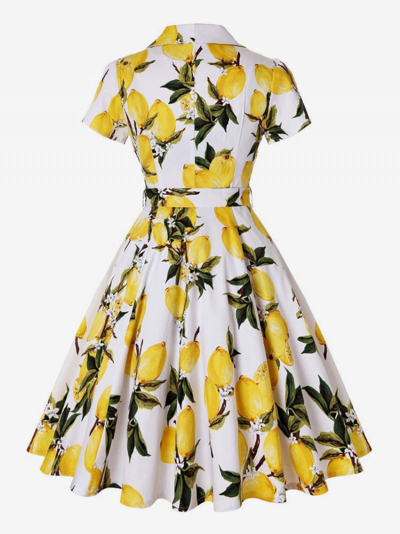 Robe Vintage Style Audrey Hepburn Des Années 1950 Pour Femme Col V Manches Courtes Longueur Aux Genoux Imprimé Floral Rockabilly - Jaune