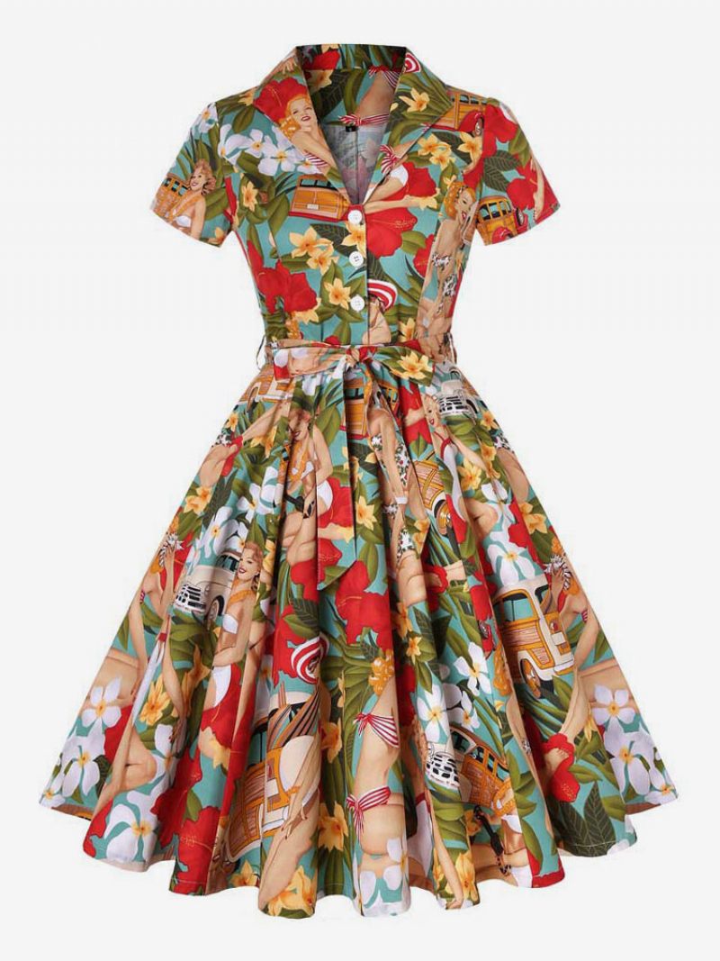 Robe Vintage Style Audrey Hepburn Des Années 1950 Pour Femme Col V Manches Courtes Longueur Aux Genoux Imprimé Floral Rockabilly - Rouge