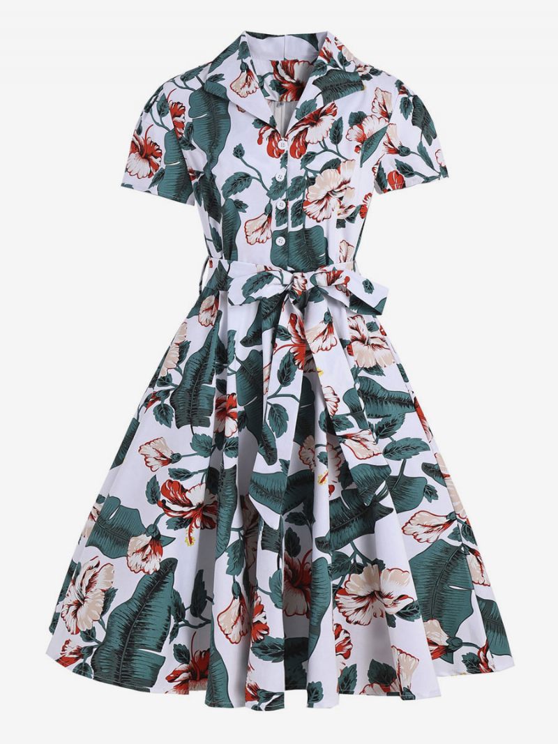 Robe Vintage Style Audrey Hepburn Des Années 1950 Pour Femme Col V Manches Courtes Longueur Aux Genoux Imprimé Floral Rockabilly - Vert Pastel