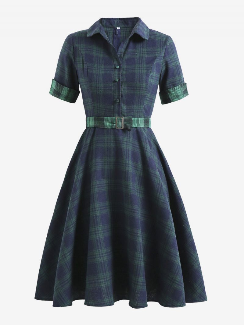 Robe Vintage Style Audrey Hepburn Des Années 1950 Pour Femmes Col V Rabattu Manches Courtes Longueur Aux Genoux Trapèze À Carreaux