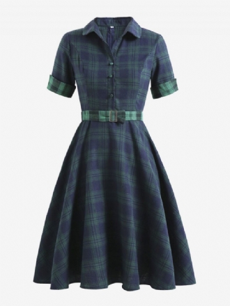 Robe Vintage Style Audrey Hepburn Des Années 1950 Pour Femmes Col V Rabattu Manches Courtes Longueur Aux Genoux Trapèze À Carreaux